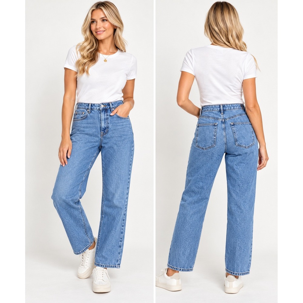 ASOS DESIGN High Rise Mom Jeans W33 L30 Medium Wash 100% Cotton Rigid Denim
